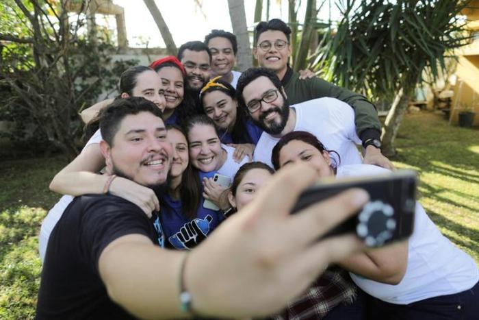 Jesus Tefel and Olama Hurtado take a selfie with members of Nicaraguan Civic Alliance after been released from "El Chipote" prison, where they were held for delivering water to hunger-striking mothers of political prisoners