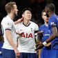 Red card woe - Tottenham Hotspur's Son Heung-Min (C) reacts beside Chelsea defender Antonio Rudiger (R) as he's sent off on Sunday
