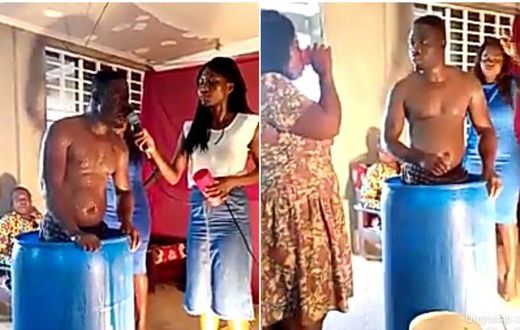 Ghanaian pastor bathes in church and members line up to drink his bathwater for anointing (video)