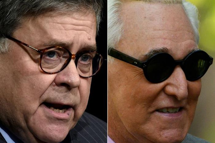 US Attorney General Bill Barr (L) is under fire for intervening in the criminal prosecution of Roger Stone, a close friend and political ally of President Donald Trump