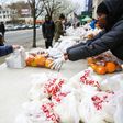 Volunteers from City Harvest food bank distribute food in Harlem, New York City