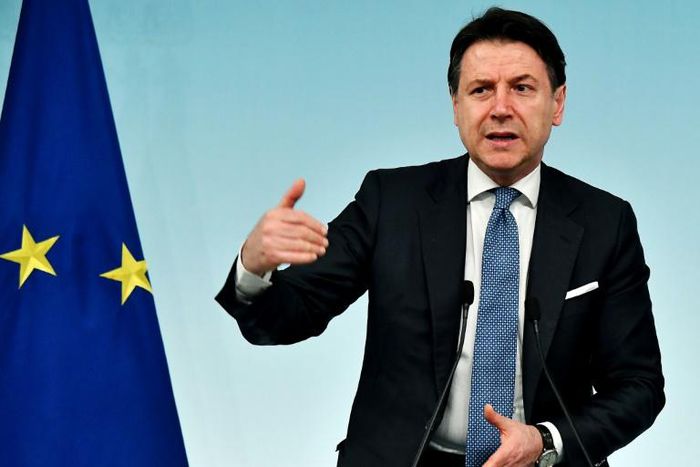 Italian Prime Minister Giuseppe Conte speaking at a press conference in Rome.