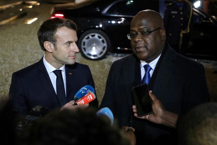 President Emmanuel Macron, left, told DRC counterpart Felix Tshisekedi that France would extend military support to fight armed groups