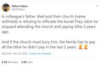 Pastor asks family to pay their deceased member’s 3 years tithe arrears before he is buried