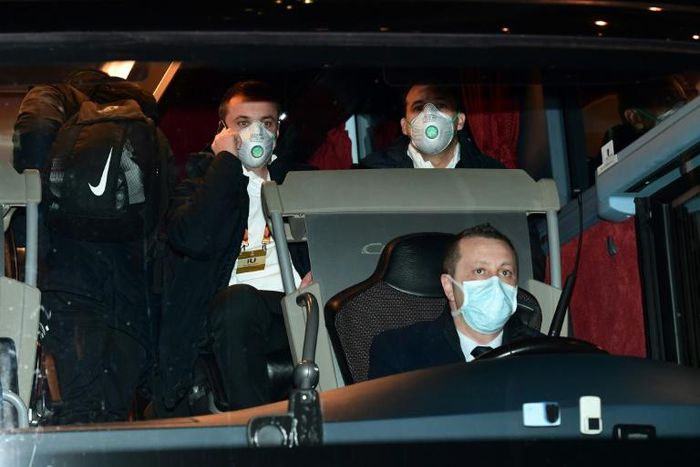 Ludogorets players wear protective face masks before their Europa League game against Inter Milan in the San Siro on February 27