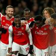 Nicolas Pepe (centre) celebrates Arsenal's second goal in a 4-0 win over Newcastle