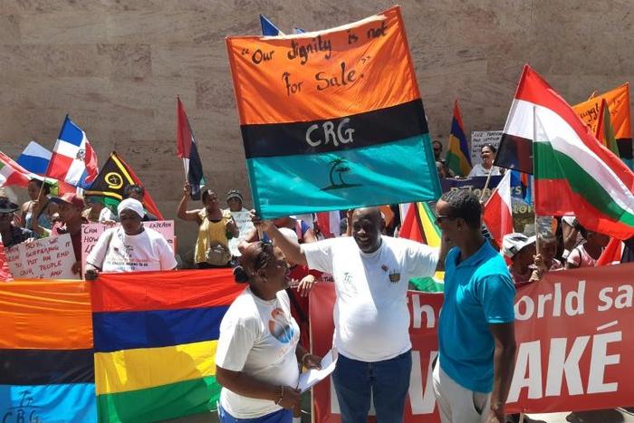 Dozens of demonstrators from the Chagos Islands protested outside the British High Commission on Mauritius