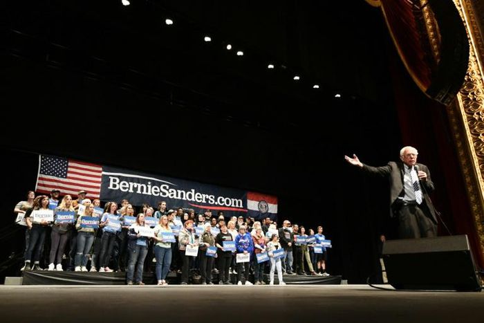 Democratic presidential hopeful US Senator Bernie Sanders speaks at a “Bernie 2020” rally at the Stifel Theater in downtown St.Louis, Missouri on March 9,2020