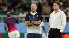 Jacques Nienaber (left) was confirmed on Friday as new South Africa head coach, taking over from  Rassie Erasmus (right) who remains as director of rugby