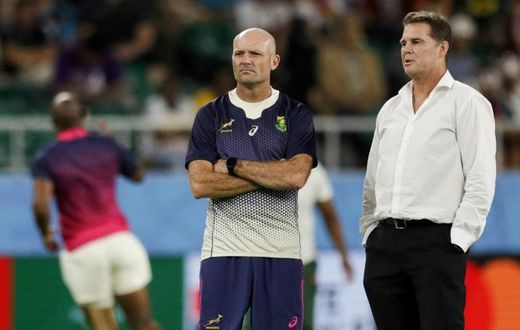 Jacques Nienaber (left) was confirmed on Friday as new South Africa head coach, taking over from  Rassie Erasmus (right) who remains as director of rugby