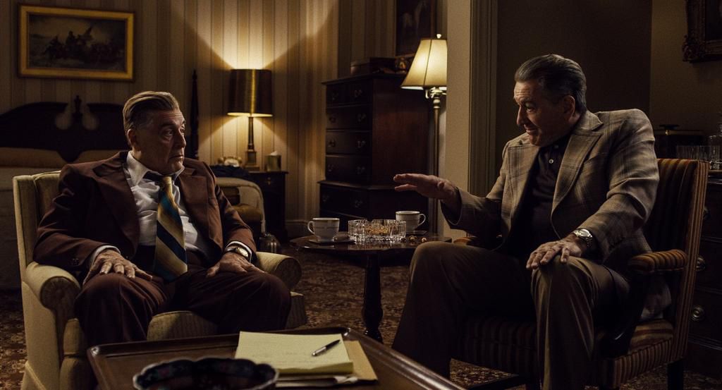 Al Pacino as Jimmy Hoffa and Robert De Niro as Frank Sheeran in The Irishman.