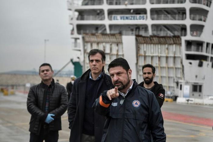 Greece's deputy minister of civil protection Nikos Hardalias (pointing) has a reputation for blunt speaking