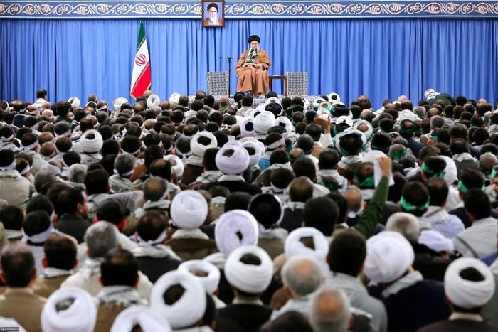 Iran's supreme leader Ayatollah Ali Khamenei addresses members of the Basij, a militia loyal to the Islamic republic's establishment