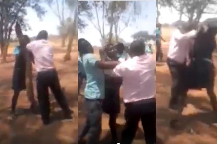Campus gets frenzy as female student and potbellied teacher exchange blows in public (video)