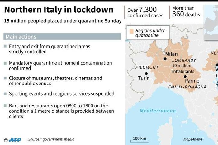 Several regions in northern Italy have been placed under quarantine after an outbreak of the new coronavirus