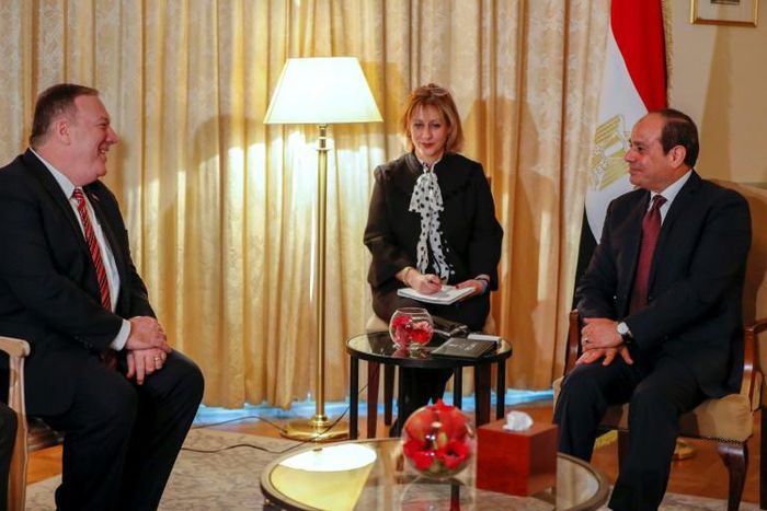 US Secretary of State Mike Pompeo (L) meets Egyptian President Abdul Fattah al-Sisi on the sidelines of an international conference on Libya in Berlin