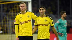 Dortmund forwards Erling Braut Haaland (L) and Achraf Hakimi (R) celebrate Friday's 4-0 win over Eintracht Frankfurt.