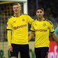 Dortmund forwards Erling Braut Haaland (L) and Achraf Hakimi (R) celebrate Friday's 4-0 win over Eintracht Frankfurt.