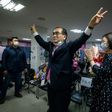 Defector and former North Korean diplomat Thae Yong Ho celebrates his election in the Gangnam constituency on behalf of the conservative United Future Party