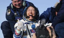 hristina Koch shortly after returning from space: ‘I am so overwhelmed and happy right now.’ Photograph: Sergei Ilnitsky/AP