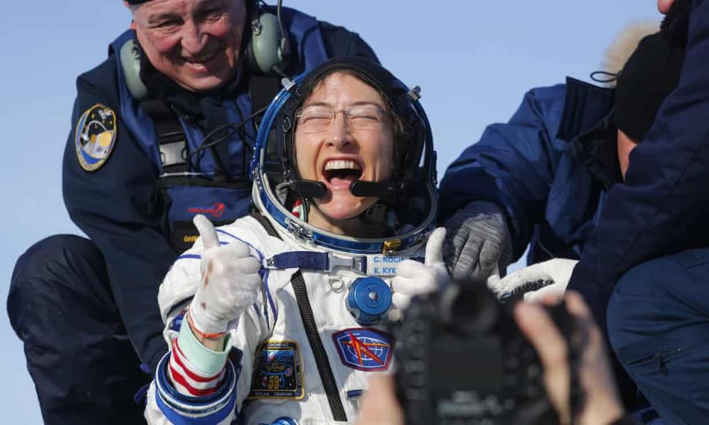 hristina Koch shortly after returning from space: ‘I am so overwhelmed and happy right now.’ Photograph: Sergei Ilnitsky/AP