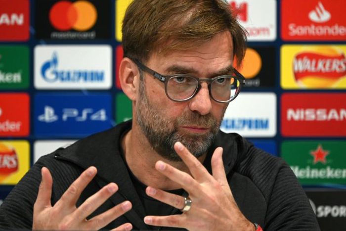 Liverpool manager Jurgen Klopp attends a press conference at Anfield before his side's Champions League match against Atletico Madrid