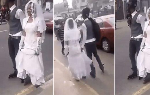 Newly-wedded couple falls flat as groom shows of his skating prowess (video)