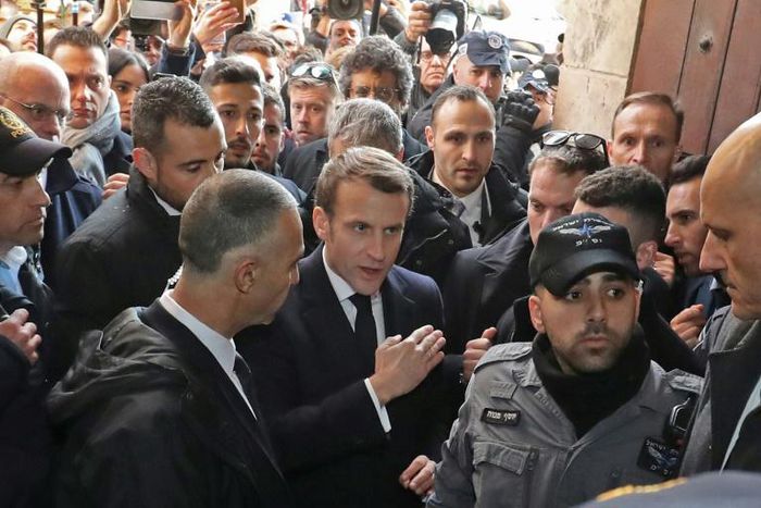 French President Emmanuel Macron asks Israeli security forces to leave the 12th-century Church of Saint Anne in the old city of Jerusalem on Wednesday