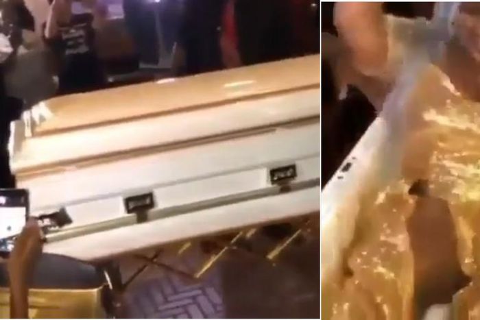 Bride arrives at her wedding in a coffin (video)