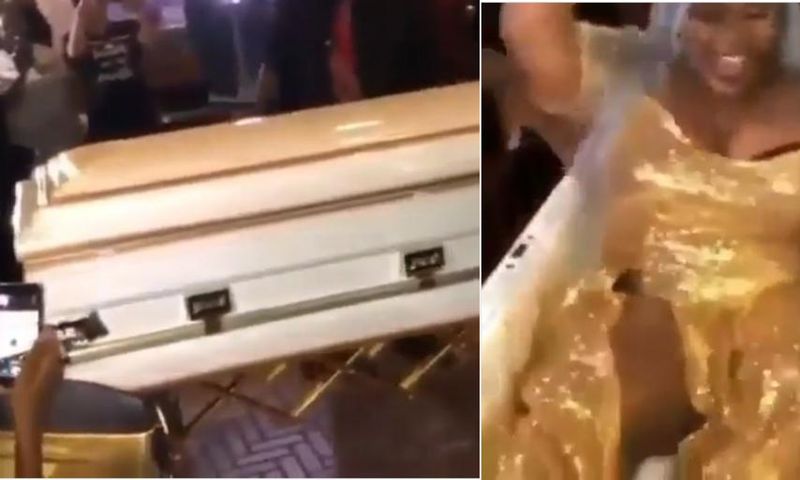 Bride arrives at her wedding in a coffin (video)