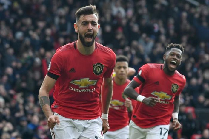 Bruno Fernandes celebrates his first goal for Manchester United