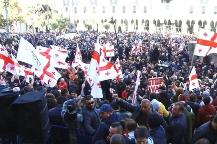 IMAGES Thousands of opposition supporters rallied in Georgia on Sunday, demanding the government's resignation and early parliamentary polls after the increasingly unpopular ruling party backtracked on promised electoral reforms.
Protesters gathered ou...