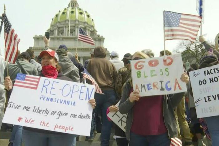 Hundreds of people, including lawmakers, gather in Pennsylvania to protest at measures urging much of the US to stay at home during the coronavirus pandemic.Duration:01:19