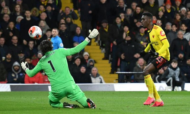 Ismaila Sarr (R) gives Watford a two-goal lead in a stunning victory over Liverpool