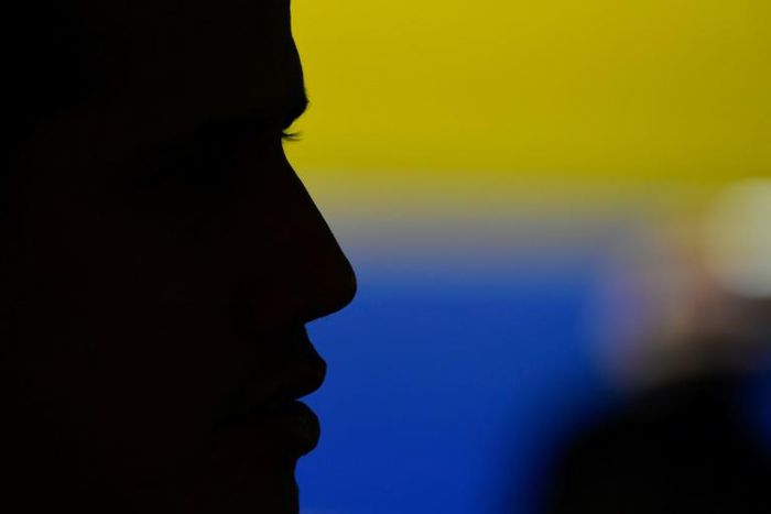 A profile view of Venezuelan opposition leader Juan Gaido taken during a meeting with union representatives in Caracas on February 20, 2020; he has called for a major anti-government rally on March 10