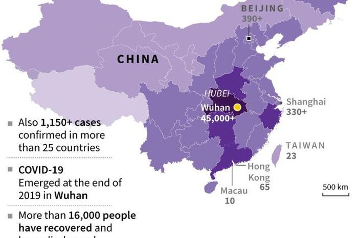 Map showing confirmed cases of the 2019 Novel Coronavirus around mainland China, Hong Kong, Macau and Taiwan, as of Feb 20.