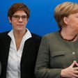 Annegret Kramp-Karrenbauer (l) was designated successor to German Chancellor Angela Merkel before their CDU party unleashed an earthquake in national politics by voting with the far-right AfD