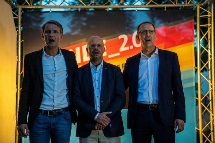 Bjoern Hoecke, seen in August with party colleagues Andreas Kalbitz and Joerg Urban, is the leader of the radical Fluegel ("Wing"), but has yet directly to put forward his name to succeed Alexander Gauland as AfD co-chairman
