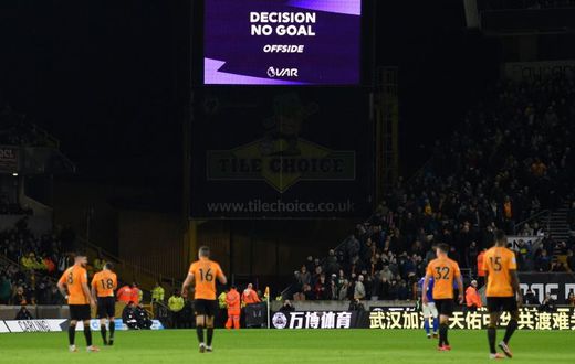 The scoreboard displays the decision disallowing a goal for Wolves against Leicester