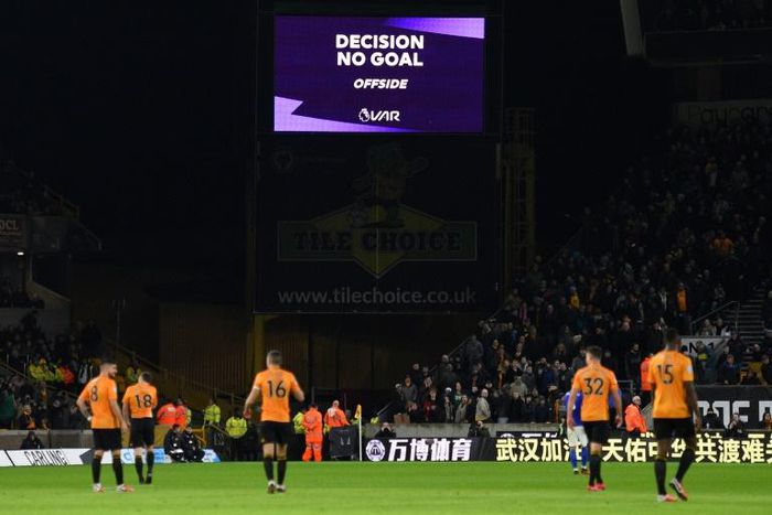 The scoreboard displays the decision disallowing a goal for Wolves against Leicester