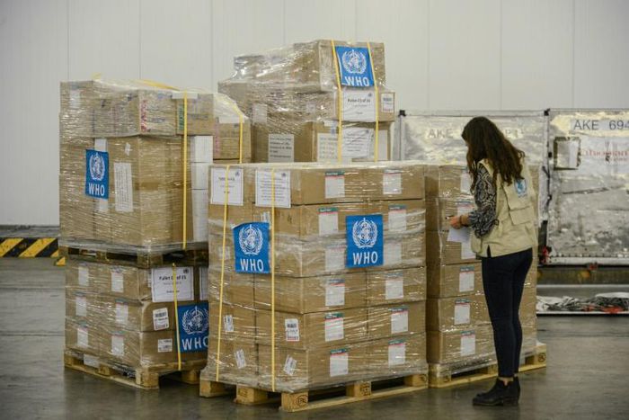 A staff member checks boxes of personal protective equipment aimed at helping the World Health Organization fight the coronavirus, at Ethiopia Airlines' cargo facility at the Bole International Airport in Addis Ababa
