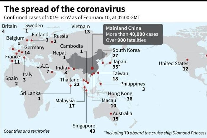 Countries or territories with confirmed cases of the 2019 Novel Coronavirus as of Feb 10, 0200 GMT.