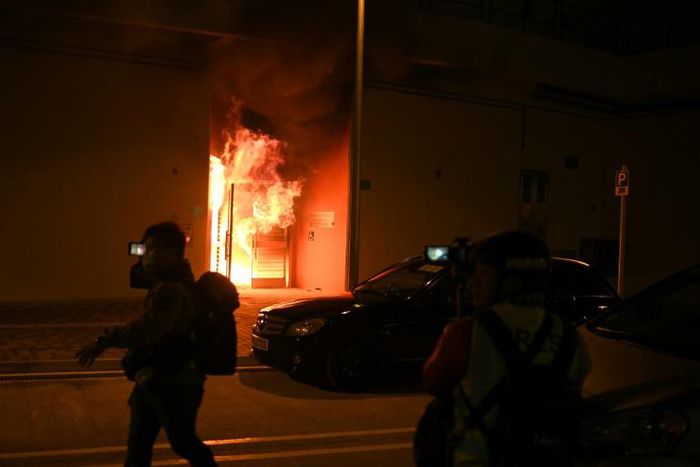 A fire raged at the entrance to one of the buildings earmarked as a virus quarantine centre