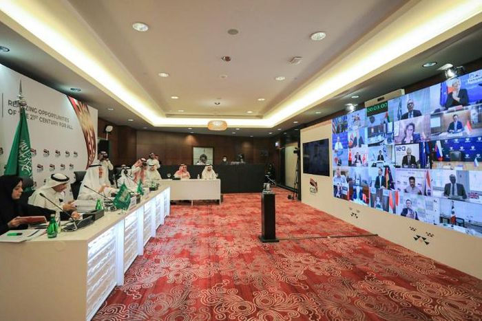 Saudi Arabia's Energy Minister Abdulaziz bin Salman chairs a virtual meeting of G20 oil ministers in Riyadh