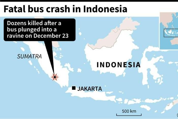 Map of Indonesia locating a fatal bus crash in South Sumatra province late Monday