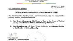 Nana Addo reassigns two Ministers