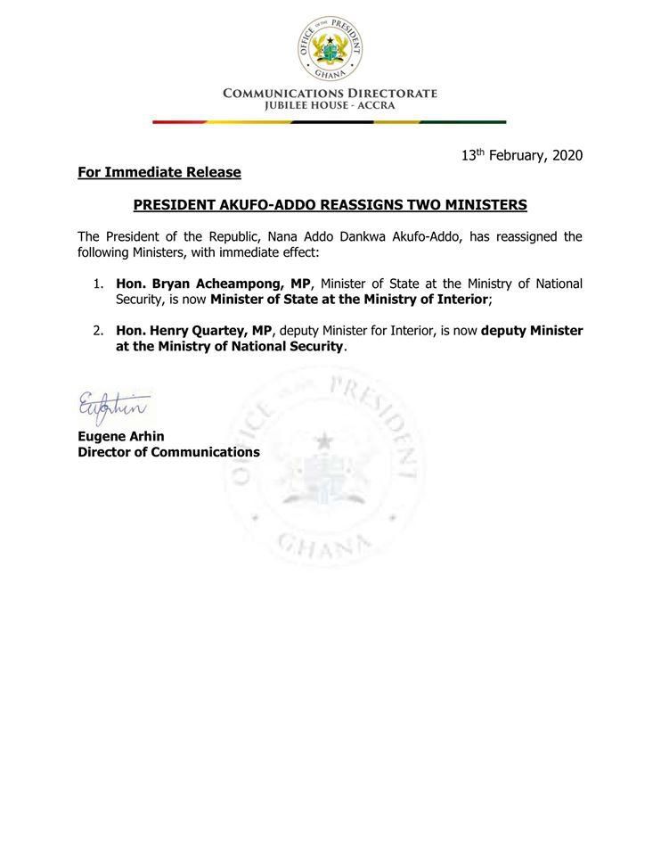 Nana Addo reassigns two Ministers