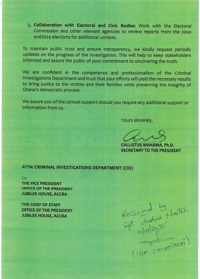 Read President Mahama's letter to IGP on probing 2020 & 2024 election killings