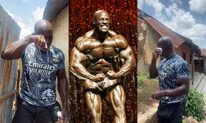 Ghanaian bodybuilding champion breaks down as he revisits his childhood home (Video)