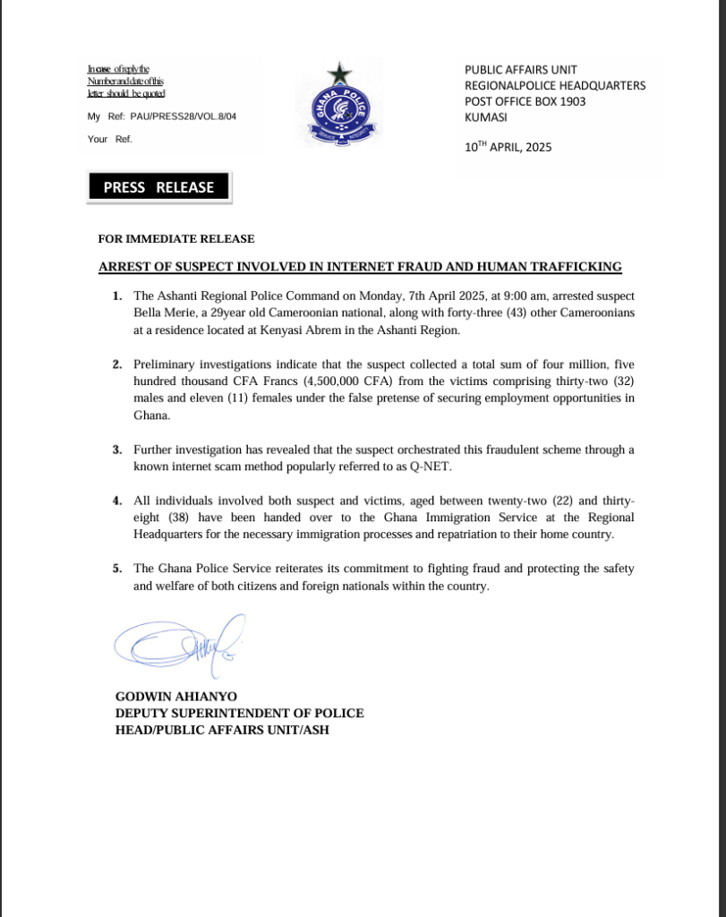 A/R: Police arrest Cameroonian, 43 others for alleged fraud and human trafficking